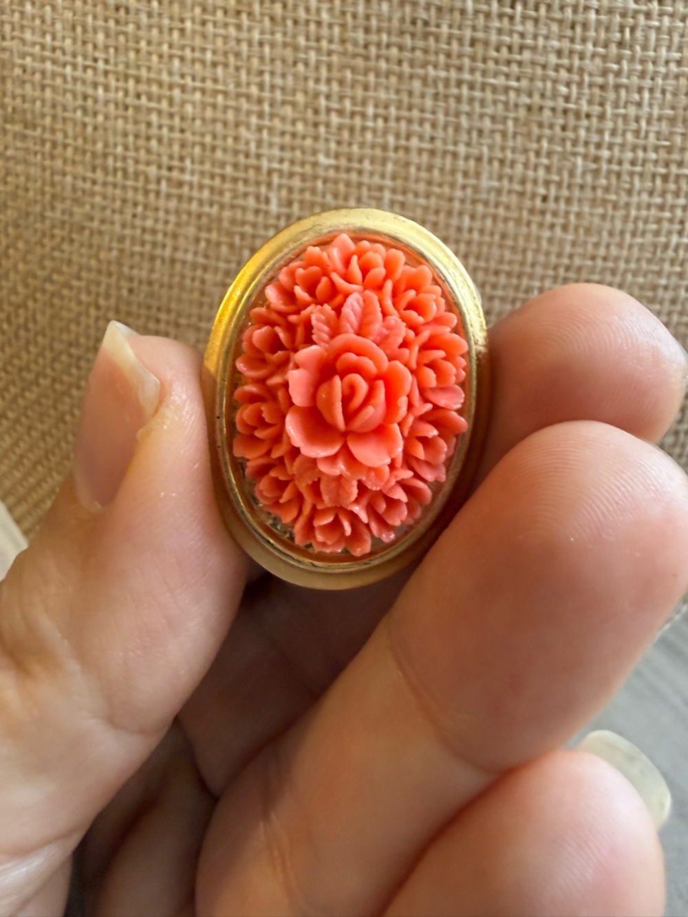 Floral Carved Coral Oval Statement Ring - Coral